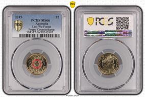 2015 $2 Lest We Forget Colorized Poppy Counterstamp MS66