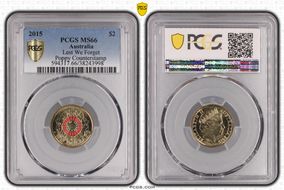 2015 $2 Lest We Forget Colorized Poppy Counterstamp MS66