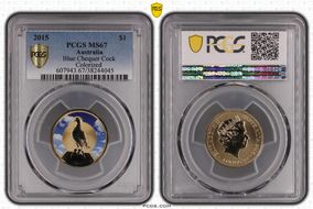 2015 $1 Blue Chequer Cock Colorized MS67