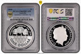2018 $1 Armistice Centenary Ag PR69DCAM