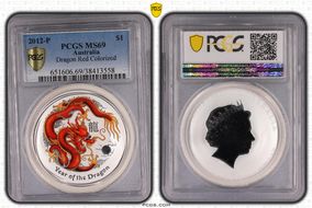 2012-P $1 Year of the Dragon Red  Ag Colorized MS69