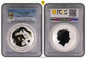 2012-P $1 Year of the Dragon Gold  Ag Colorized MS69