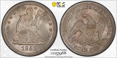 1853 25C No Arrows MS67+