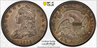 1836 50C Overton 112, Bar Dot AU55