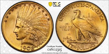 1908-D $10 Motto MS65