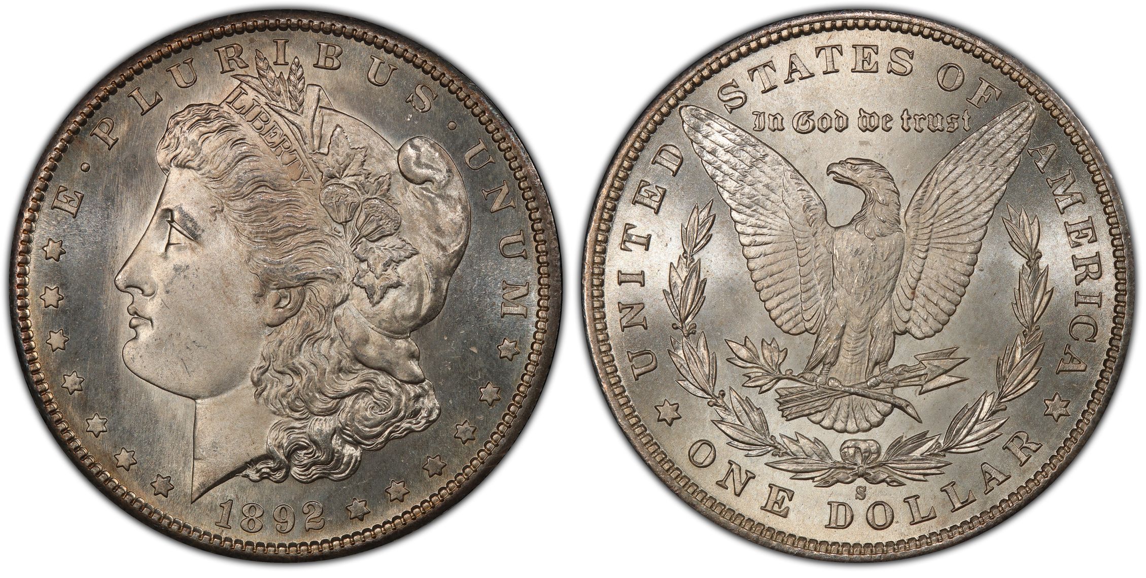 1892-S morgan dollar — obverse and reverse, graded MS67+
