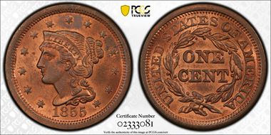 1855 1C Upright 55 MS64RD
