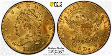 1820 $5 BD-5, Curved 2, Large Letters MS64+