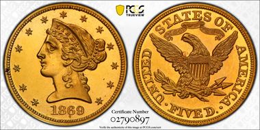 1869 $5 PR64