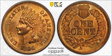 1865 1C Plain 5 MS66+ RD