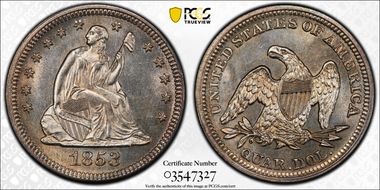1853 25C No Arrows MS63