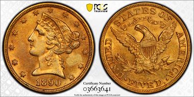 1890 $5 AU58