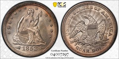 1853 25C Arrows and Rays MS64