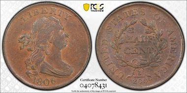 1806 1/2C Small 6, No Stems XF40BN