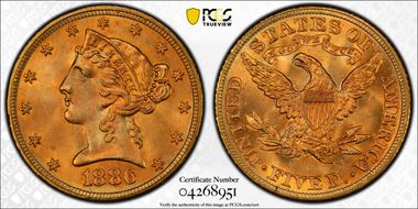 1886 $5 MS66+