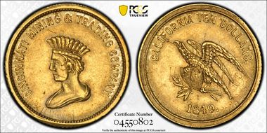 1849 $10 Cincinnati Mining & Trading AU53