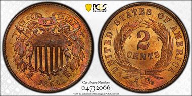 1864 2C Large Motto MS65+ RD