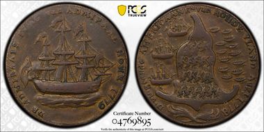 1779 Medal Rhode Island, No Wreath Below Ship XF40