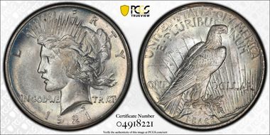 1921 $1 High Relief, Peace MS64