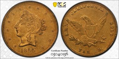 1855 $10 Wass Molitor AU50