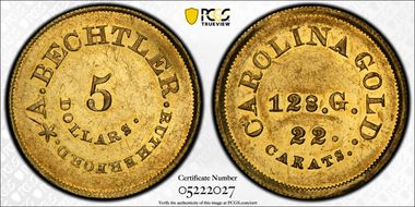 (1842-52) $5 A. Bechtler 128 Grains, 22 Carats MS61