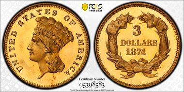 1874 $3 PR65+ CAM