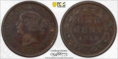 1858 1C ↑↑ Bronze, Broken Vine AU55BN