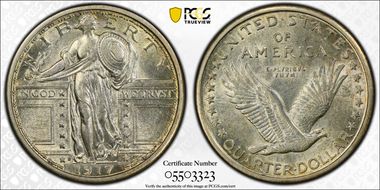 1917-D 25C Type 1 AU58FH