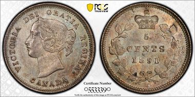 1891 5C Obv 5 WD 1/1 8/8 Low 91 AU58