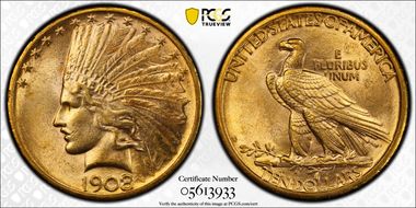 1908-D $10 No Motto MS62