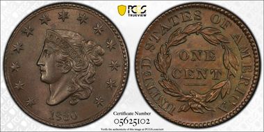 1830 1C N-1 Large Letters MS64BN