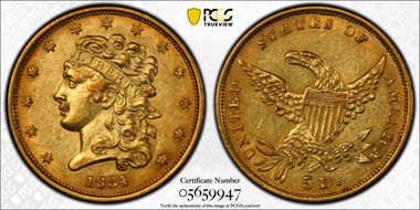 1834 $5 Classic Head, Plain 4 AU55