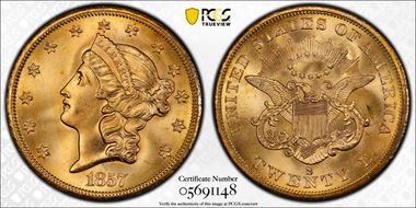 1857-S $20 Bold S S.S. Central America MS66