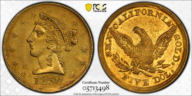 1850 $5 Baldwin & Co. MS61