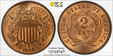 1865 2C Plain 5 MS65RD