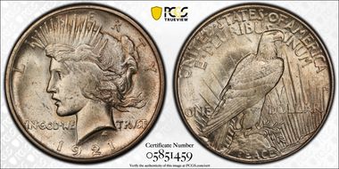 1921 $1 High Relief, Peace MS64