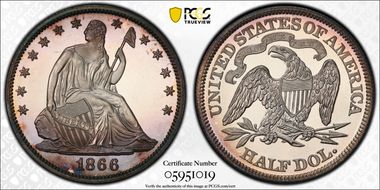 1866 50C Motto PR67DCAM