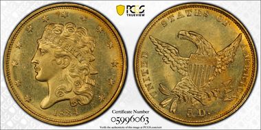 1834 $5 Classic Head, HM-3 MS63+ 