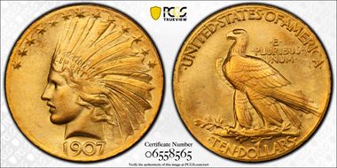 1907 $10 Indian, Wire Rim MS66+ 