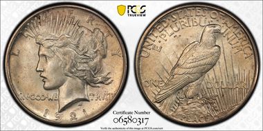 1921 $1 High Relief, Peace MS65