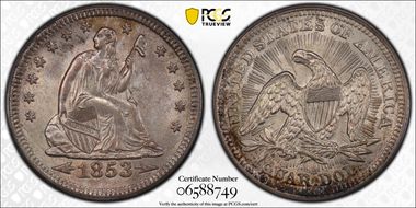 1853 25C Arrows and Rays MS64