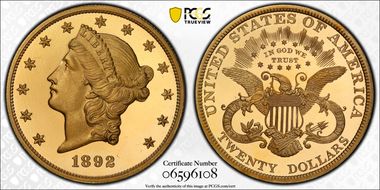 1892 $20 PR65DCAM