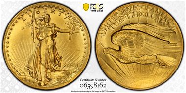 1907 $20 High Relief, Wire Edge MS65