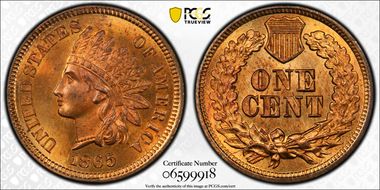1865 1C Plain 5 MS65+ RD