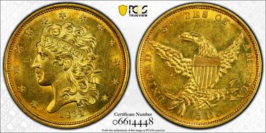 1834 $5 Classic Head, HM-1 MS62