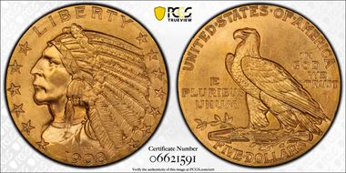 1908 $5 Indian MS65+ 