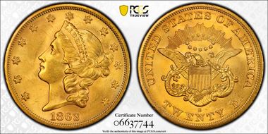 1863-S $20 MS62+ 