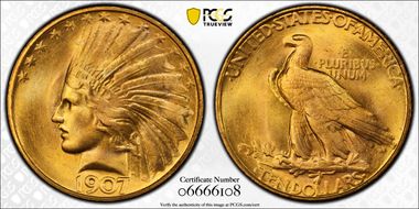 1907 $10 Indian, Rolled Edge MS67+