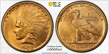 1908-D $10 No Motto MS66