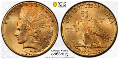 1908-D $10 Motto MS68